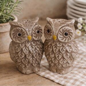 Vintage Owl Salt Pepper Shakers Cottagecore Kitchen Decor Brown Ceramic Pair